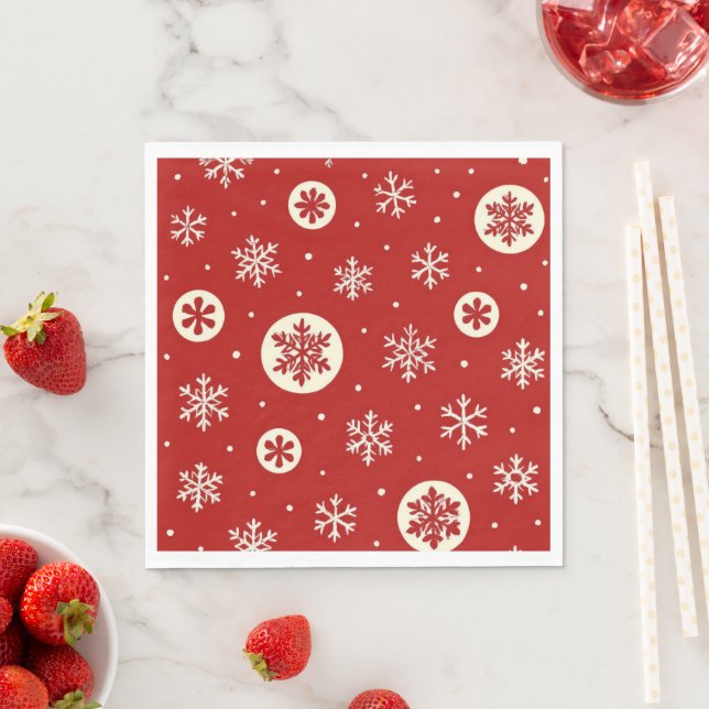 Classic Red & White Snowflakes Christmas Holiday Napkins (Insitu)
