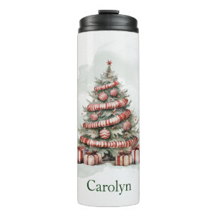 Classic Red White Watercolor Christmas Tree Thermal Tumbler
