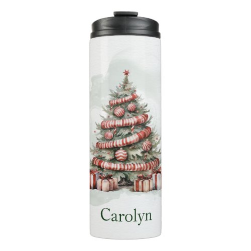 Classic Red White Watercolor Christmas Tree  Thermal Tumbler