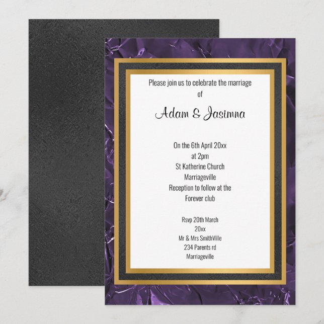 CLASSIC REGAL PURPLE BLACK GOLD LAYER WEDDING INVITATION (Front/Back)