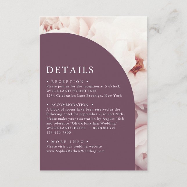 Classic Regal Purple Peonies Arch Wedding Details Enclosure Card (Front)