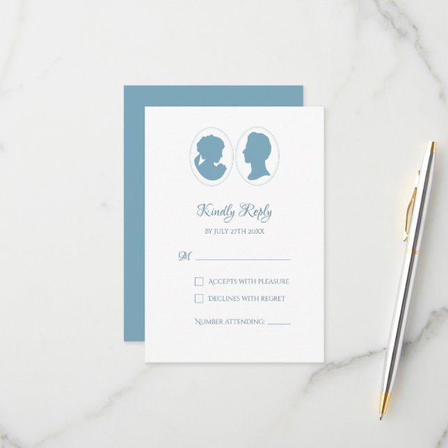 Classic Regency Blue Cameo Wedding RSVP Card (Front/Back In Situ)