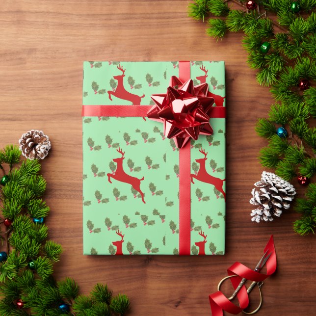 Classic Reindeer & Holly Christmas Wrapping Paper  (Holiday Gift)