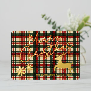 Classic Reindeer On Dark Green Red Plaid Gold Foil Holiday Card