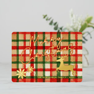 Classic Reindeer On Dark Green Red Plaid Gold Foil Holiday Card