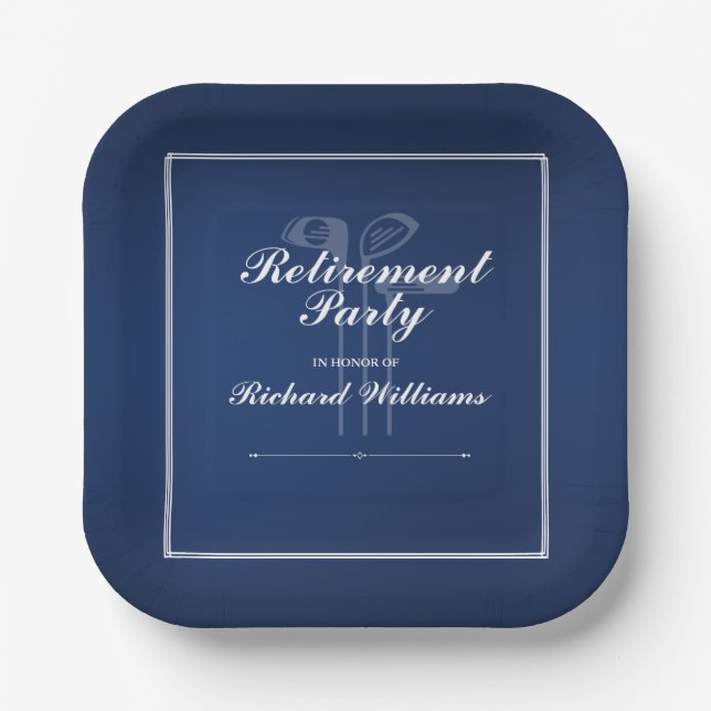 Classic Retirement Golf Theme Blue White Paper Plates (Front)