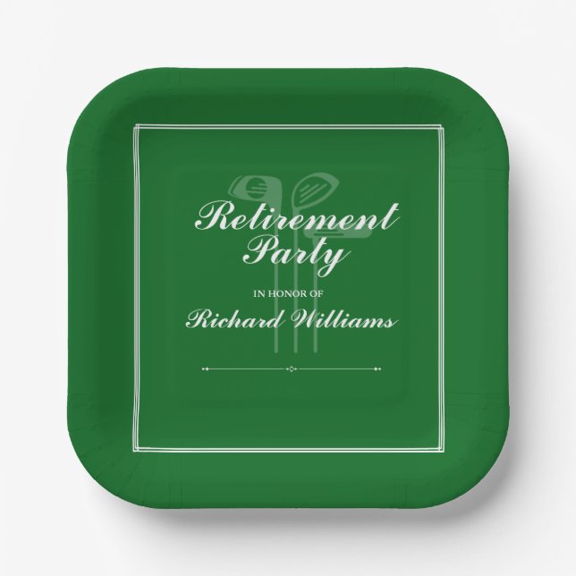 Classic Retirement Golf Theme Green White Paper Plates (Front)