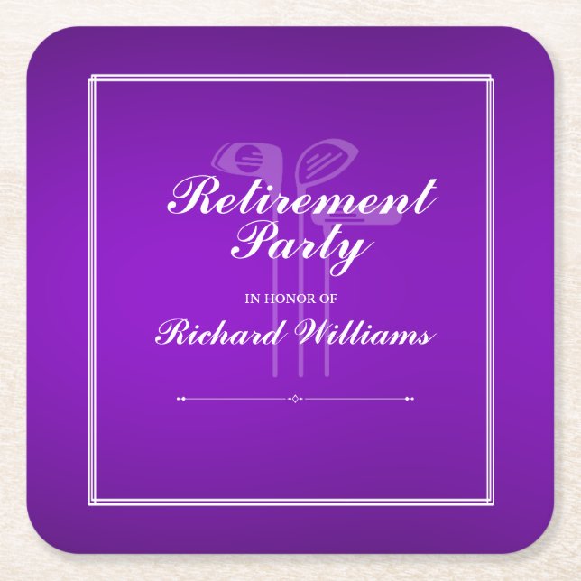 Classic Retirement Golf Theme Purple White Square Paper Coaster (Front)