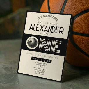 Classic Retro Black Basketball 1st Birthday Invitation