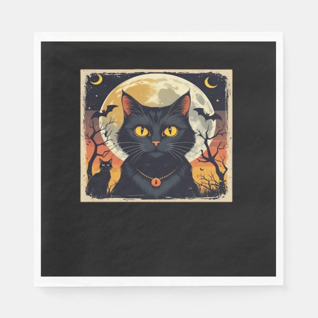 Classic Retro Black Cat Halloween T-Shirt Classic  Napkins (Front)