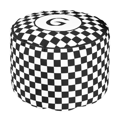Classic Retro Black  White Checker Monogrammed Pouf