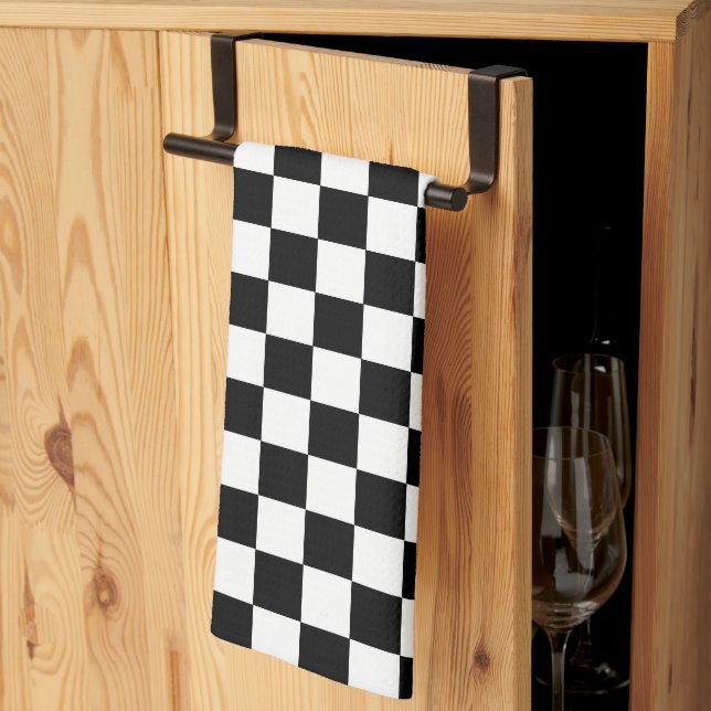Classic Retro Black & White checkered (chequered) Kitchen Towel (Thirds Fold)