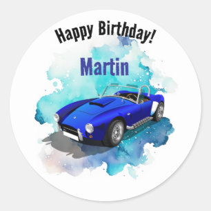 Classic Retro Blue Sports Car Birthday Adventure Classic Round Sticker