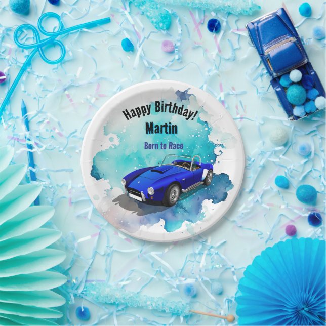 Classic Retro Blue Sports Car Birthday Adventure H Paper Plates (Party)