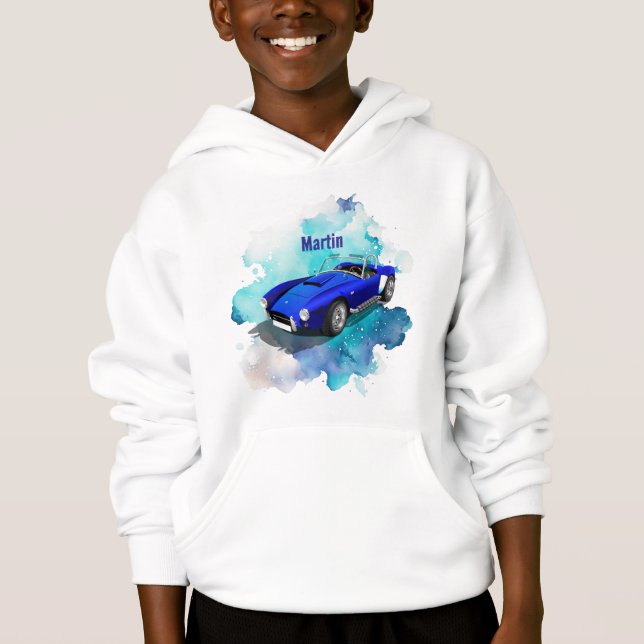 Classic Retro Blue Sports Car Birthday Adventure Hoodie (Front)