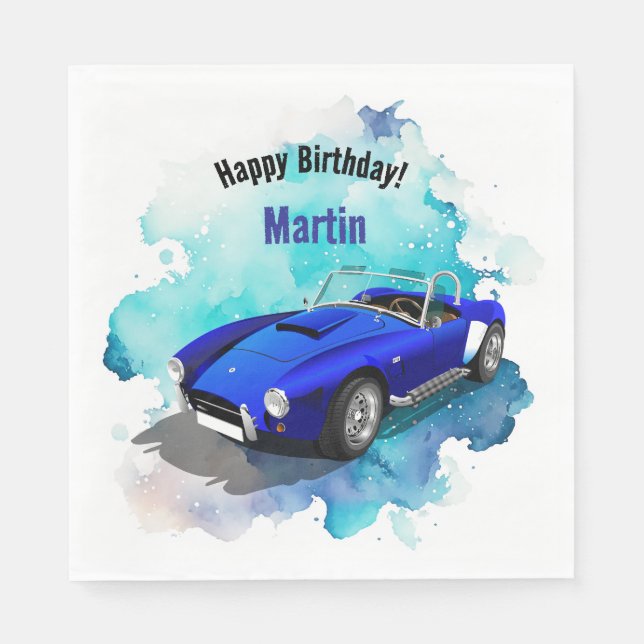 Classic Retro Blue Sports Car Birthday Adventure Napkins (Front)