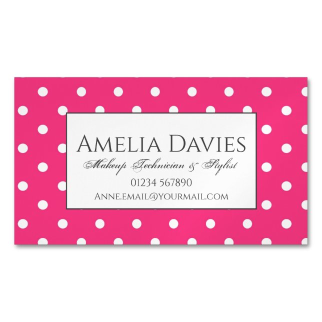 Classic Retro Bright Pink Polka Dot Business Card Magnet (Front)