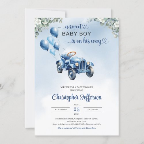 Classic retro car toy eucalyptus boy Baby Shower Invitation