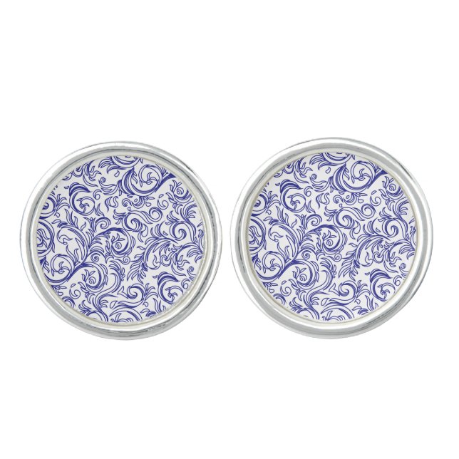 Classic Retro Chinoiserie Blue and White Pattern Cufflinks (Front)