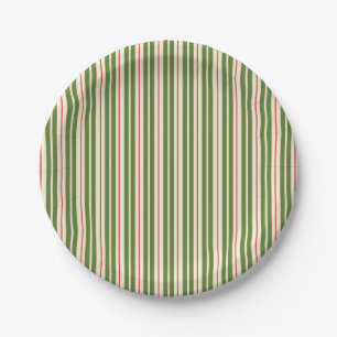 Classic Retro Christmas Stripes Olive Cream Red Paper Plates