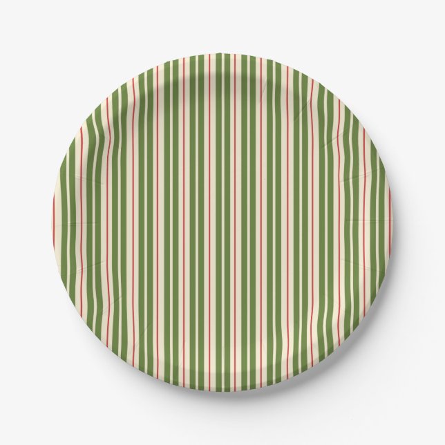 Classic Retro Christmas Stripes Olive Cream Red Paper Plates (Front)