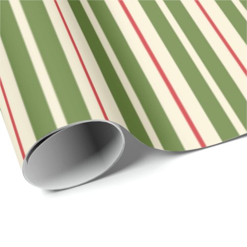 Classic Retro Christmas Stripes Olive Cream Red Wrapping Paper