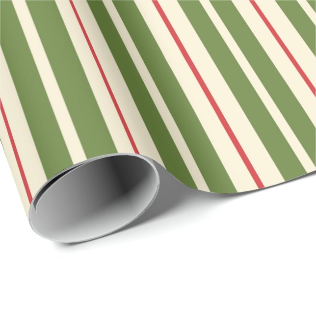 Classic Retro Christmas Stripes Olive Cream Red Wrapping Paper (Roll Corner)