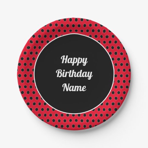 Classic Retro Custom Happy Birthday Polka Dot Red Paper Plates