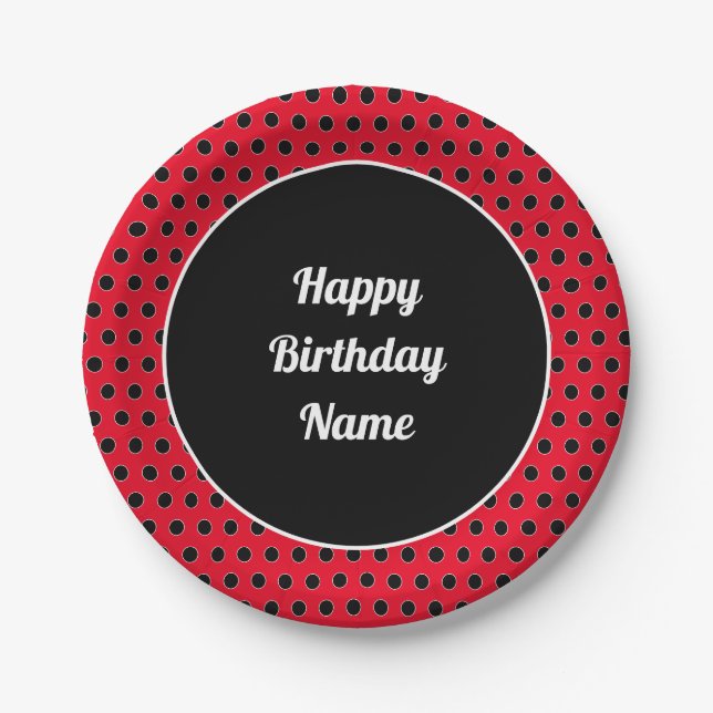 Classic Retro Custom Happy Birthday Polka Dot Red Paper Plates (Front)