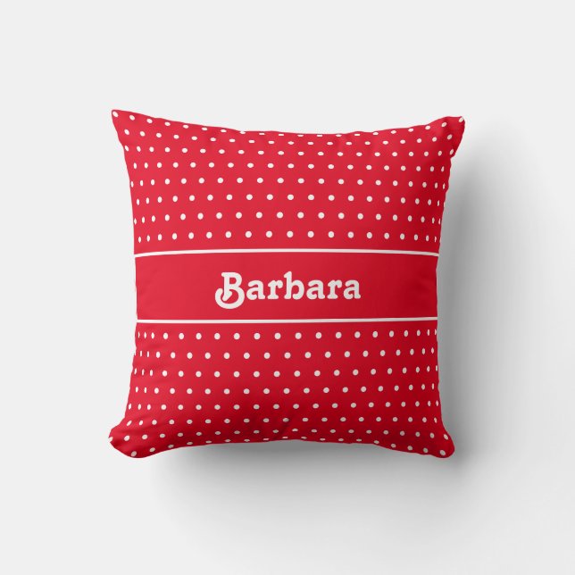 Classic Retro Custom Name Polka Dot Red and White Throw Pillow (Front)