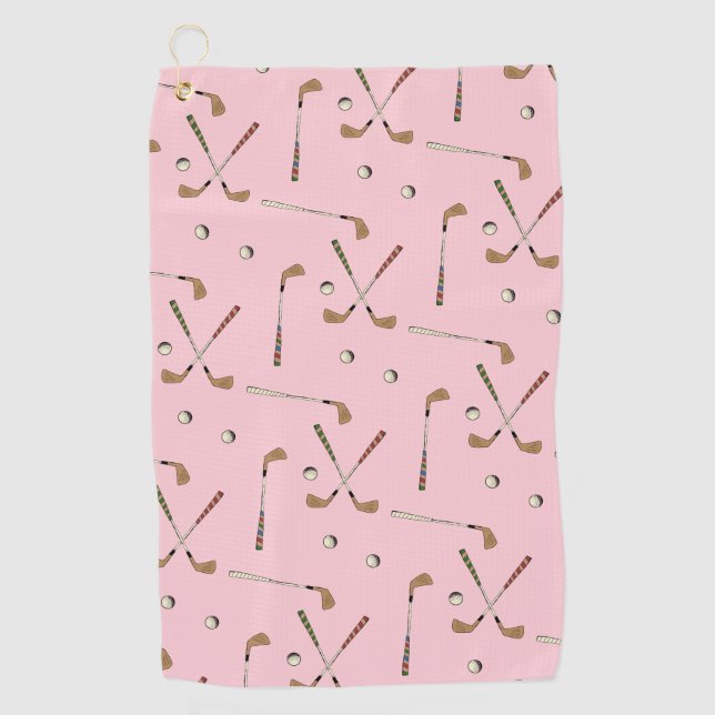 Classic Retro Golf Golfer Club Ball Pattern Pink Golf Towel (Front)