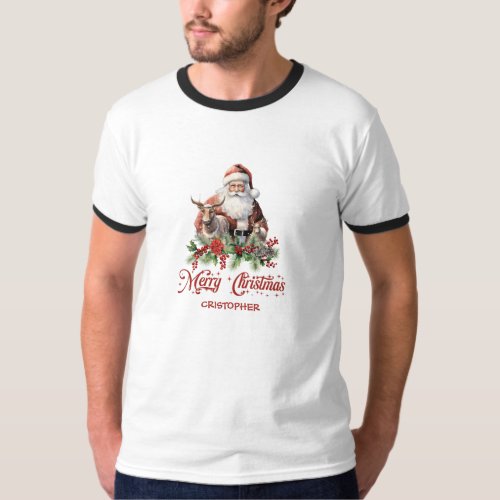 Classic retro illustration Santa with reinder T_Shirt
