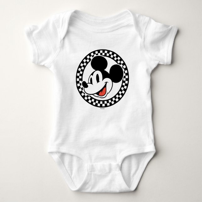 Classic Retro Mickey Mouse Checkered Baby Bodysuit (Front)