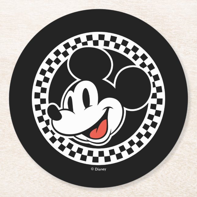 Classic Retro Mickey Mouse Checkered Round Paper Coaster (Front)