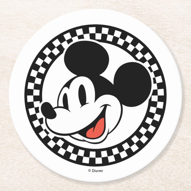 Classic Retro Mickey Mouse Checkered Round Paper Coaster (Front)