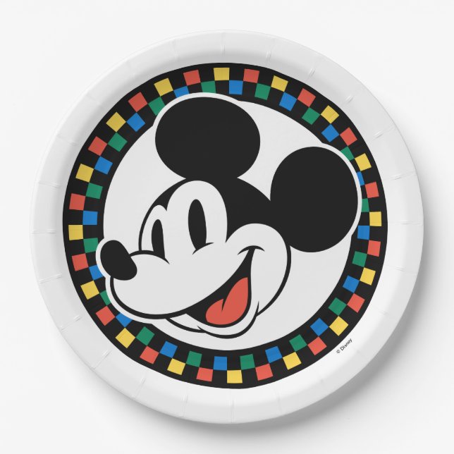 Classic Retro Mickey Mouse Colorful Checkered Paper Plates (Front)