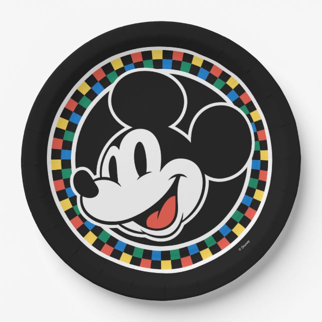 Classic Retro Mickey Mouse Colorful Checkered Paper Plates (Front)