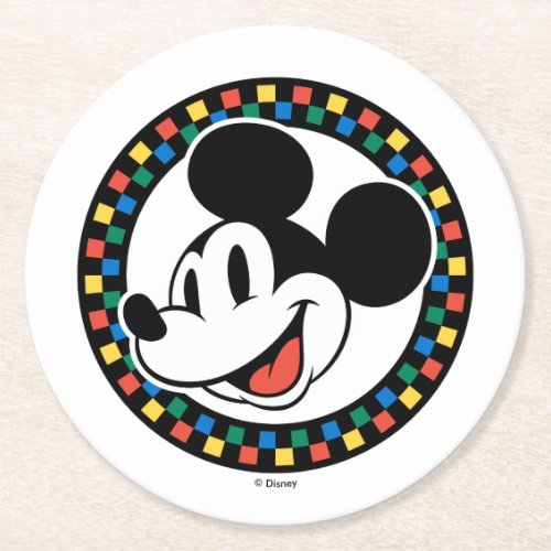 Classic Retro Mickey Mouse Colorful Checkered Round Paper Coaster