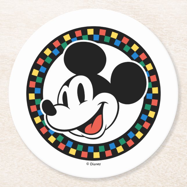 Classic Retro Mickey Mouse Colorful Checkered Round Paper Coaster (Front)