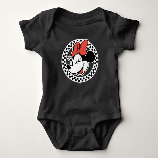 Classic Retro Minnie Mouse Checkered Baby Bodysuit (Front)