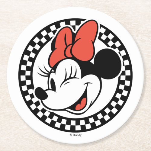Classic Retro Minnie Mouse Checkered Round Paper Coaster