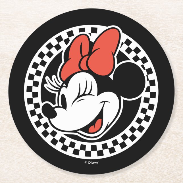 Classic Retro Minnie Mouse Checkered Round Paper Coaster (Front)