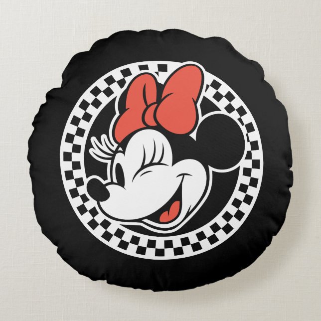 Classic Retro Minnie Mouse Checkered Round Pillow (Front)