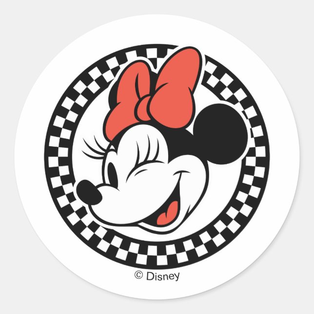 Classic Retro Minnie Mouse Checkered Round Sticker (Front)
