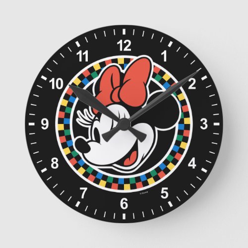 Classic Retro Minnie Mouse Colored Checkered Round Clock