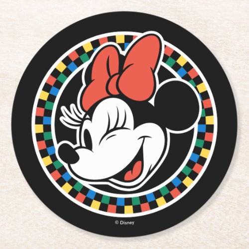 Classic Retro Minnie Mouse Colored Checkered Round Paper Coaster