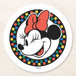 Classic Retro Minnie Mouse Colored Checkered Round Paper Coaster