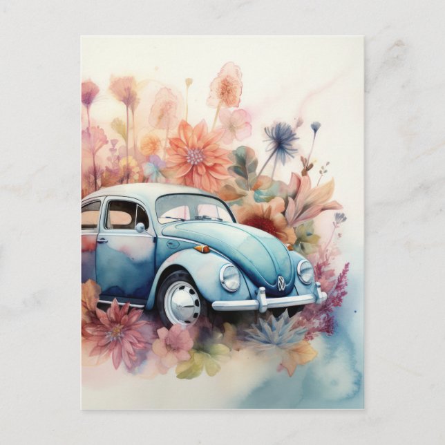 Classic Retro Motor Car Floral Art Postcard (Front)