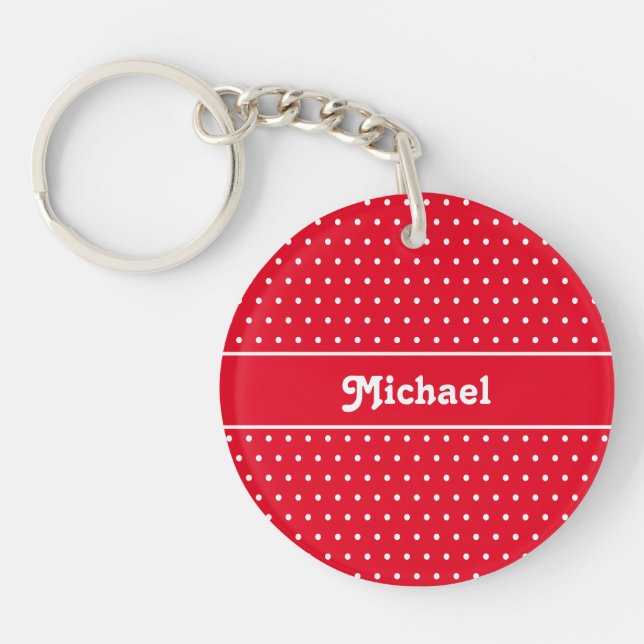 Classic Retro Name Polka Dot Red & White Keychain (Front)