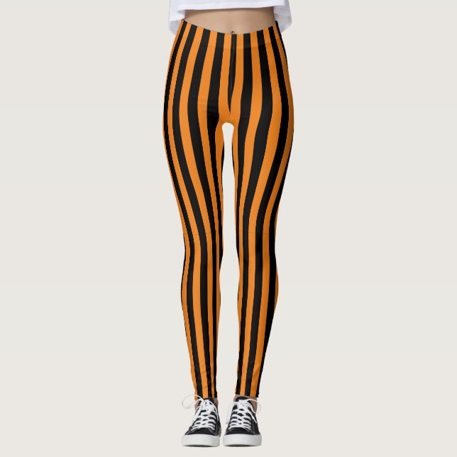 Classic Retro Orange and Black Vertical Stripes Leggings (Front)